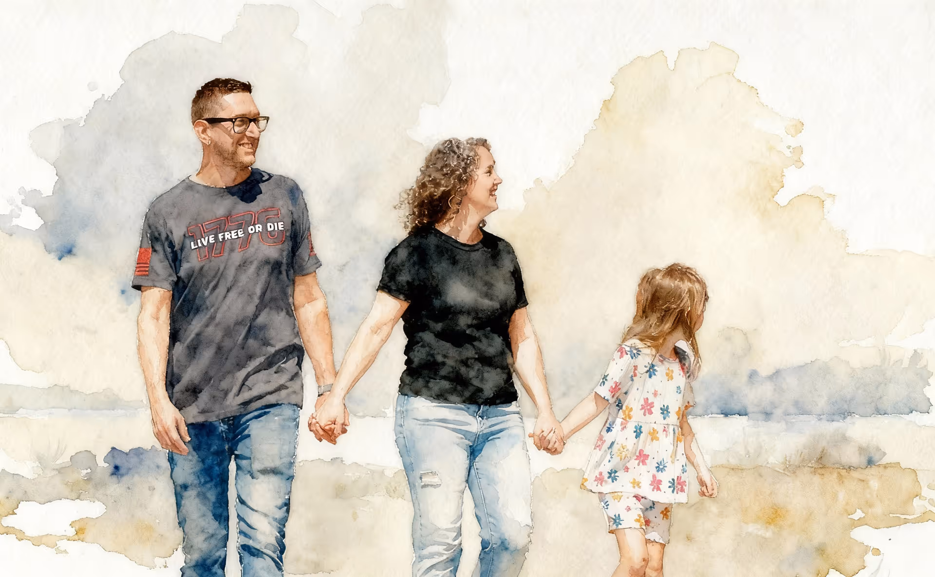 A watercolor-style image of a happy family walking hand in hand, symbolizing the friendly, family-focused lifestyle in Winnsboro, TX. Experience small-town warmth, safety, and community connection in East Texas.