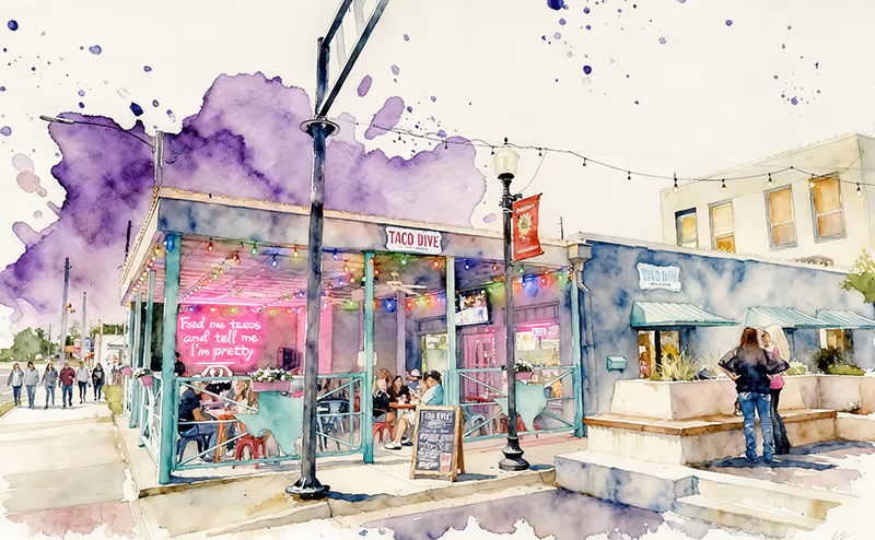 Watercolor painting of a lively downtown Winnsboro, Texas restaurant with string lights and outdoor dining, capturing the fun and charm of small-town nightlife.