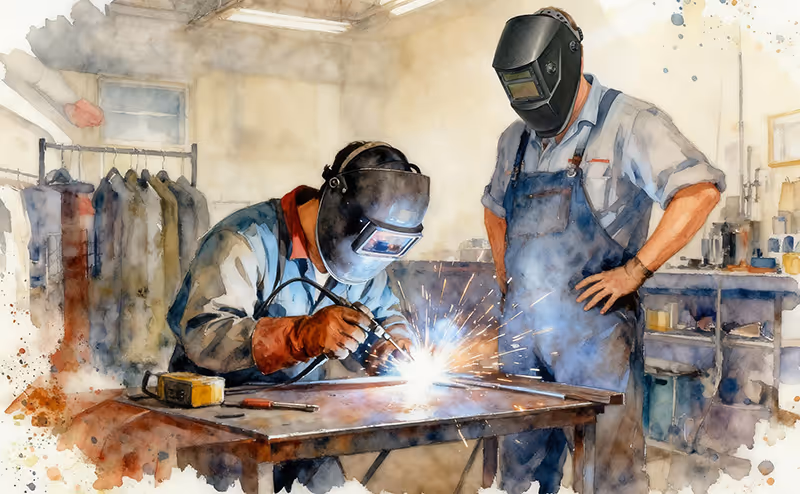 Student learning how to weld by teacher- art in watercolor