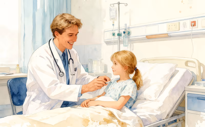watercolor of doctor and little girl patient