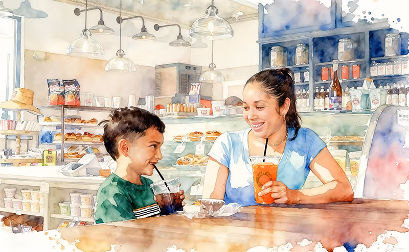 watercolor painting of a mom and child sharing a drink and snack inside Sinclair Market