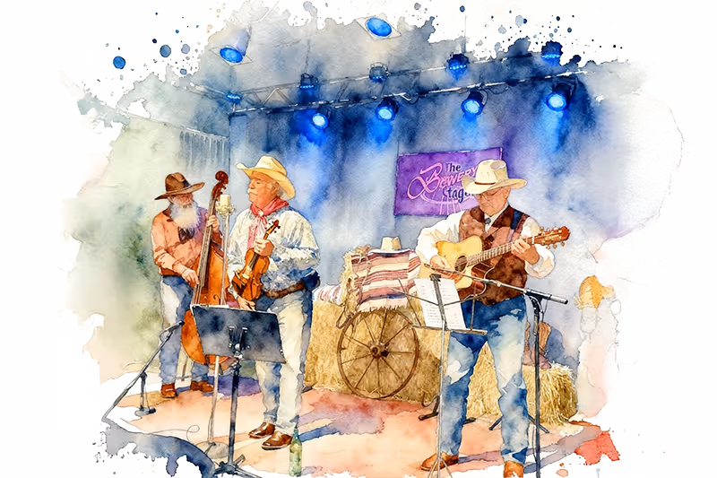 cowboys play music on the Bowery stage