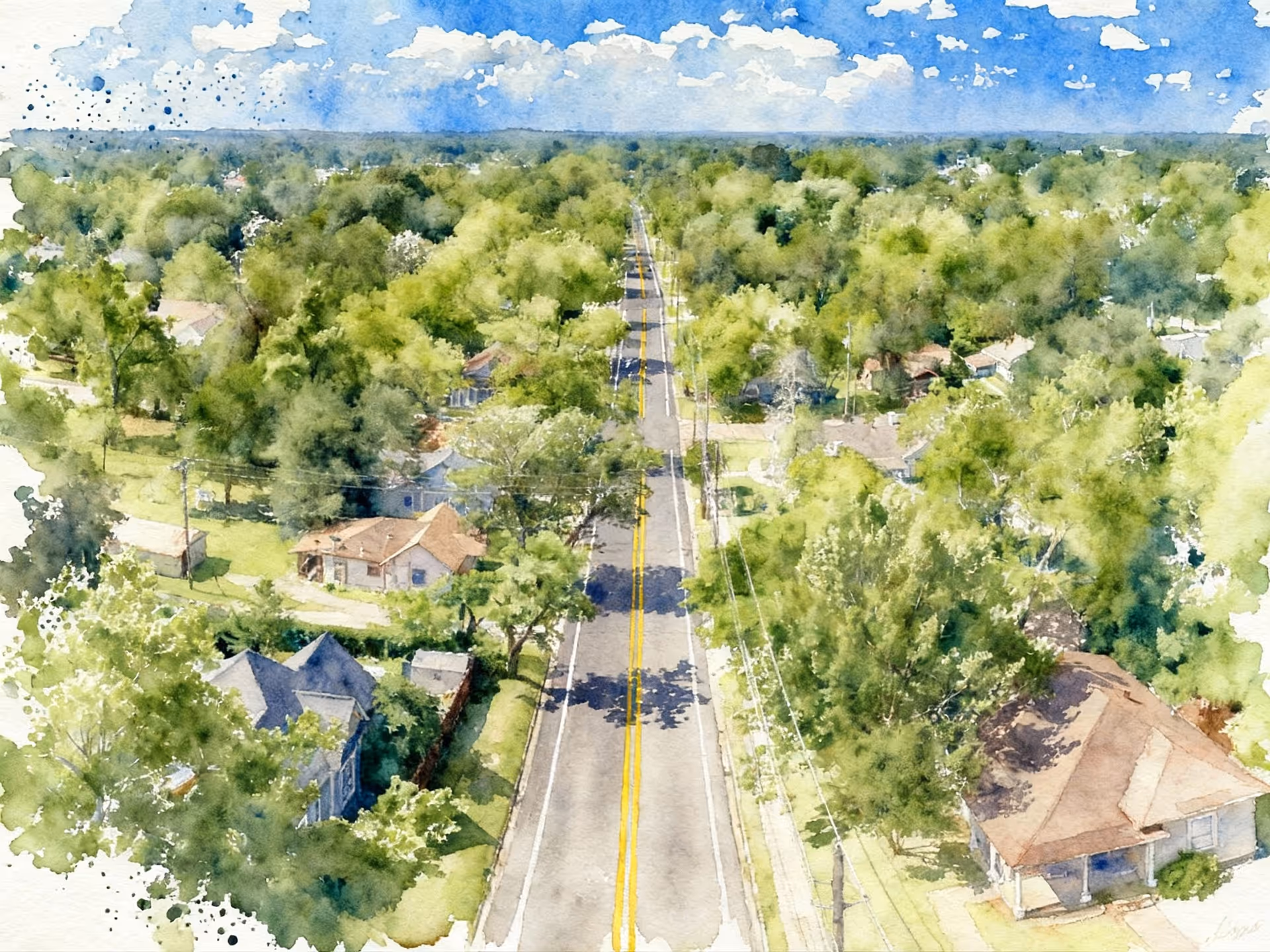 watercolor of a highway and land in winnsborro, tx