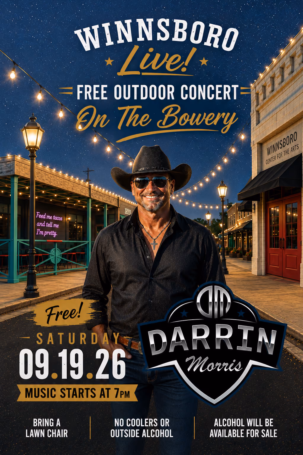 Poster for free outdoor concert Winnsboro Live with Darrin Morris on 09.19.26 starting at 7 PM.