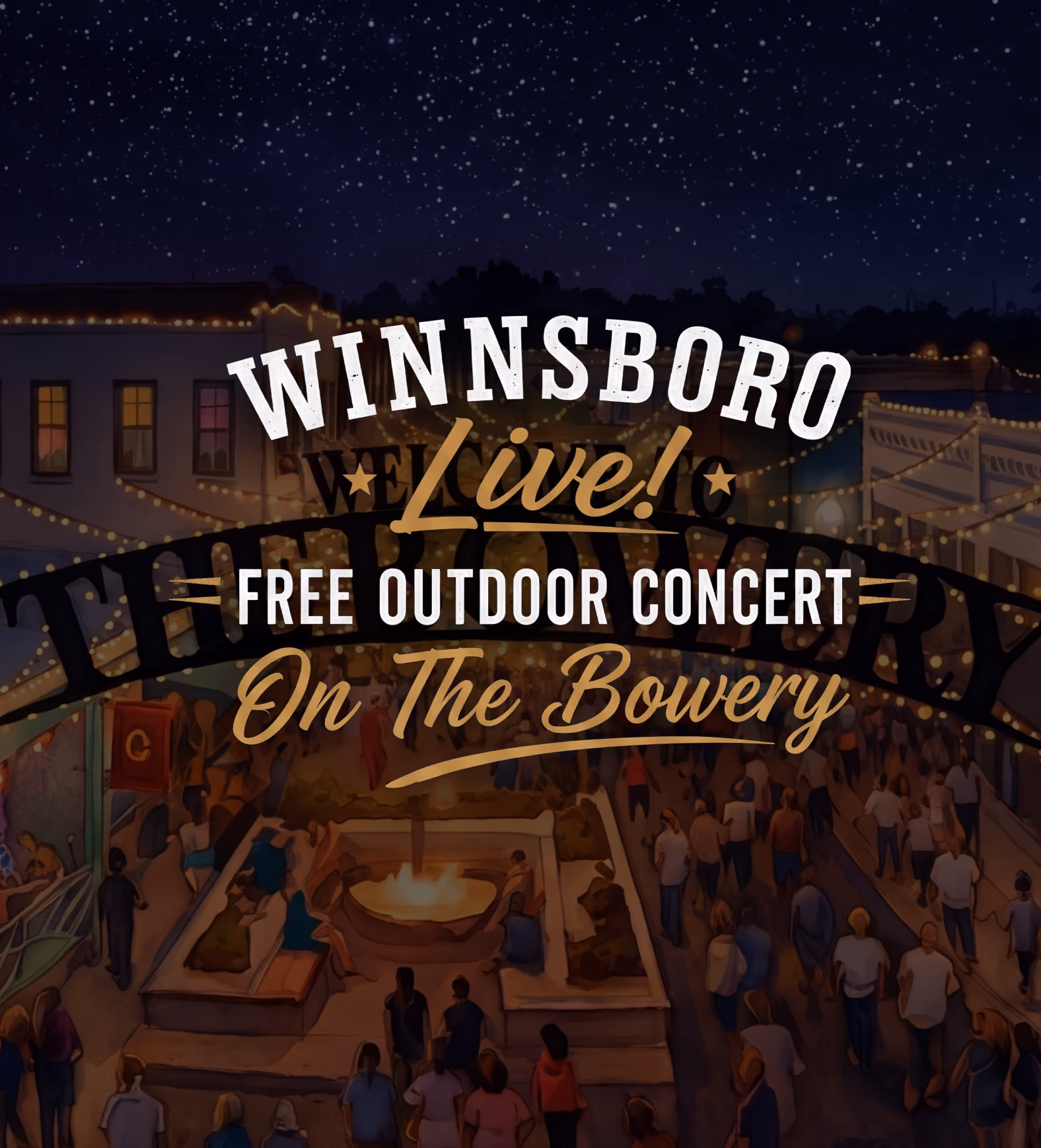 Illustration of a crowded outdoor venue at night with string lights and a fire pit, promoting a free concert.