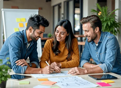 Launchist team members meeting and working together at a desk 