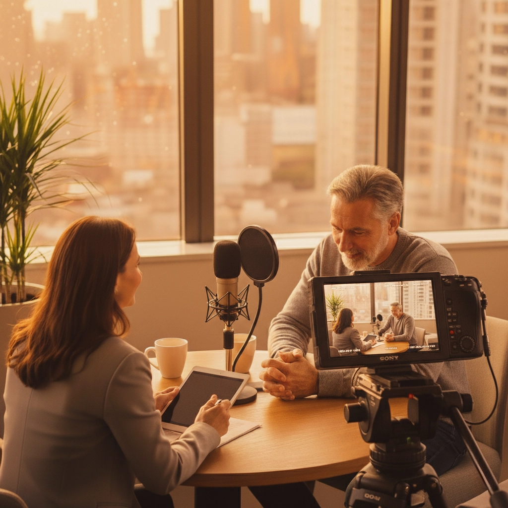 Candid conversation setup with executive and camera monitor in view, labeled ‘Authentic’ by Reel Exec.