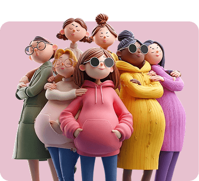 Group of six diverse pregnant women standing confidently against a pink background.