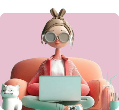 3D illustration of a person wearing sunglasses and bunny ears sitting cross-legged on an orange couch with a laptop, a white cat nearby, and a drink with a straw on the side.