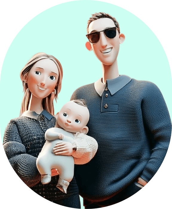 Animated illustration of a smiling family with a mother holding a baby and a father wearing sunglasses standing beside them.