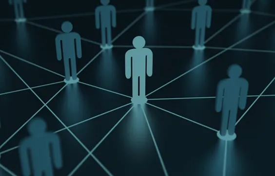 A group of figures interconnected by thin blue lines.