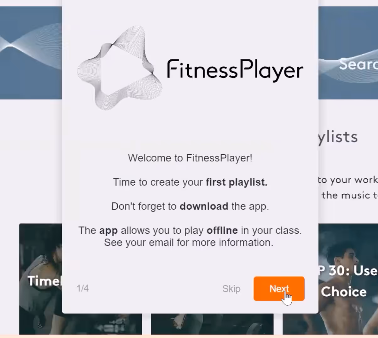 Onboarding tour in FitnessPlayer app