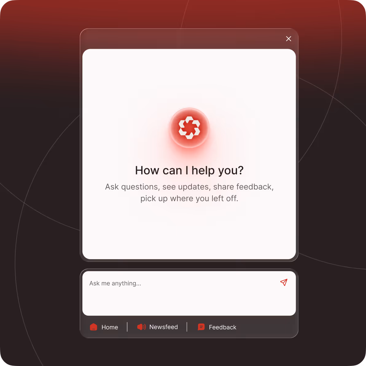 Product Fruits in-app AI assistant: How may I help you panel with an ask-anything input and Home, Newsfeed, Feedback tabs.