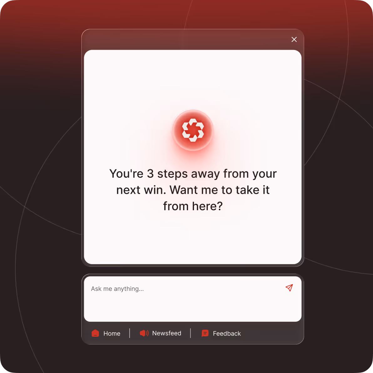 Product Fruits in-app AI assistant: How may I help you panel with an ask-anything input and Home, Newsfeed, Feedback tabs.