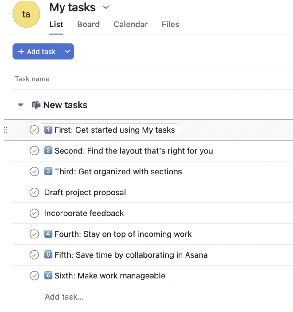 Screenshot of Asana to do list