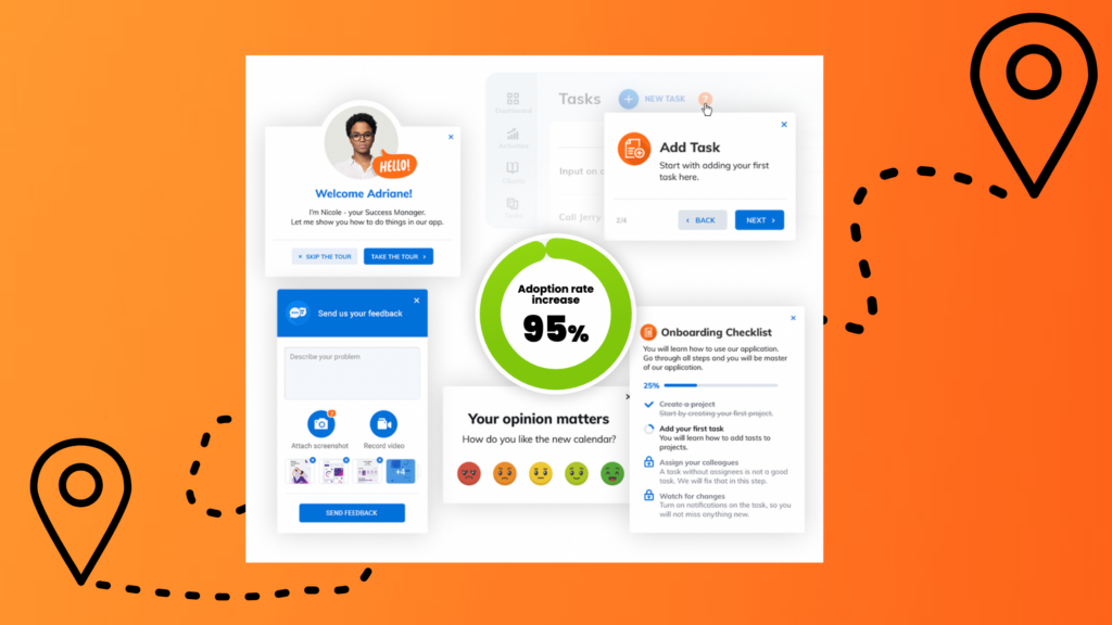 Orange background. Screenshot of Product Fruits product tours and behind there is a black dotted line and location points