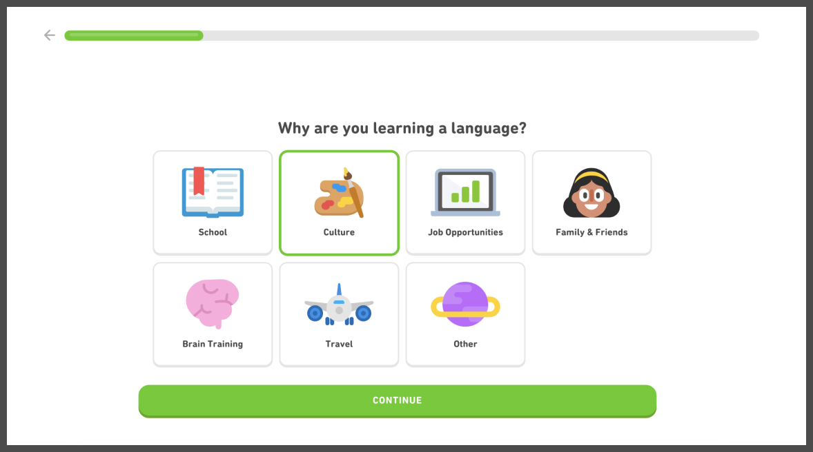 screenshot of duolingo onbaording