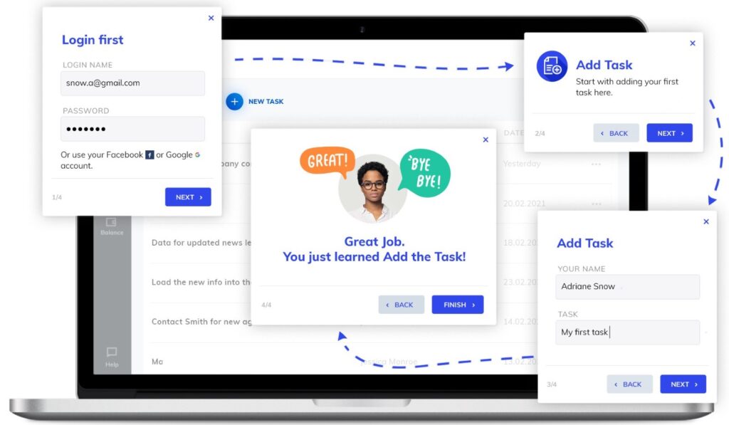 laptop screen with different onboarding features
