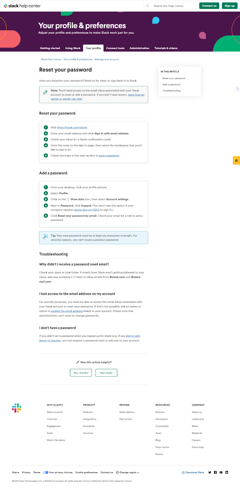 Slack's troubleshooting guide on "reset your password."
