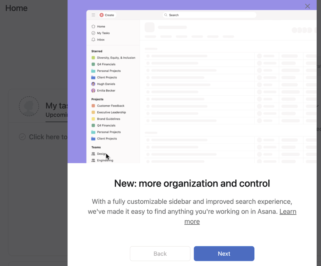 screenshot of Asana in-app anouncement