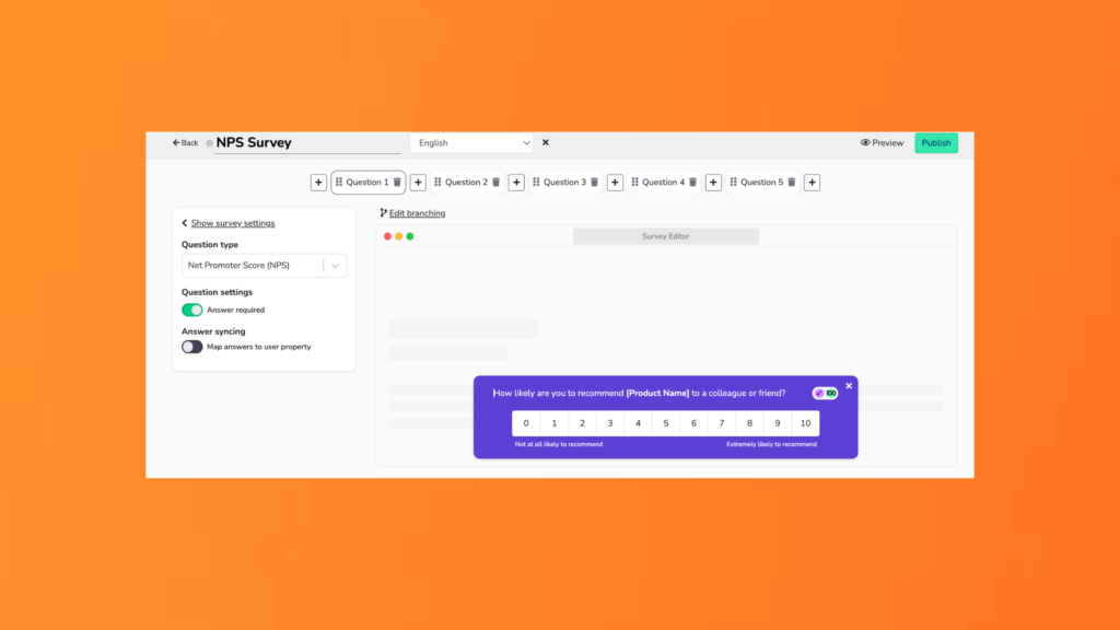 Screenshot of how to create a NPS survey using Product Fruits