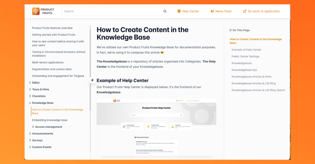 Knowledge base example of Product Fruits