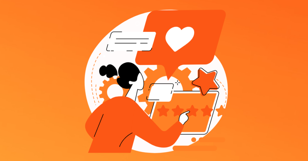 female cartoon filling out surveys for feedback on orange background