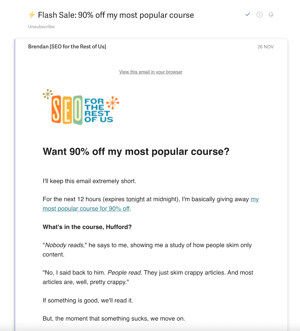 Promotional email for selling the course