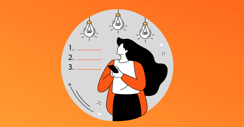 orange background,cartoon user with phone and three business goal outlines