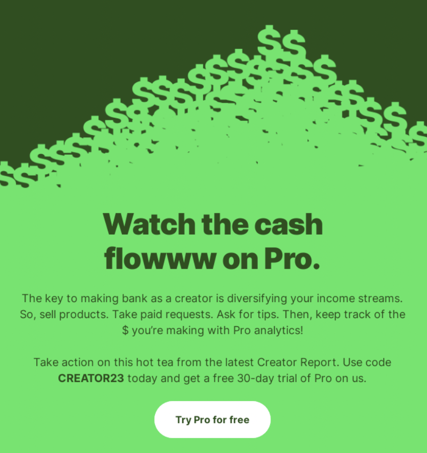 Linkree mail screenshot tempting users to try their Pro analytics.
