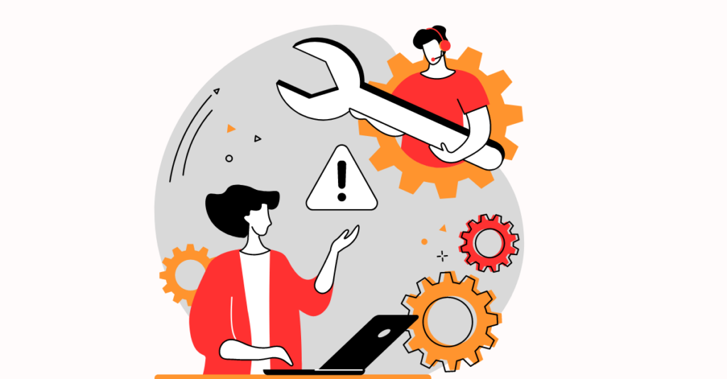 woman cartoon on laptop with support system near them