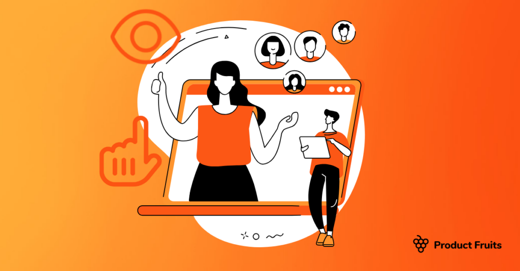 Different user personas cartoons on laptop screen with an eye and a finger clicking on them and an orange background with Product Fruits loso