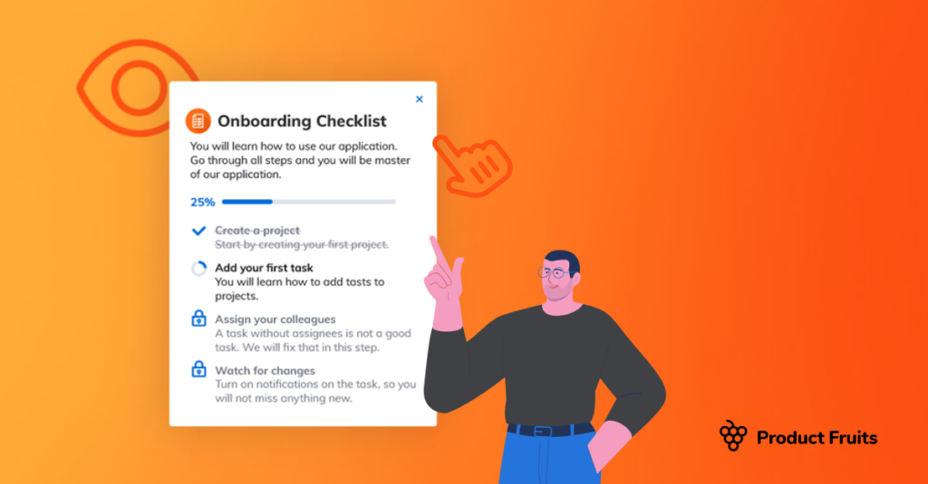 Image of a cartoon man pointing at a checklist of onboarding goals a users need to do with orange background