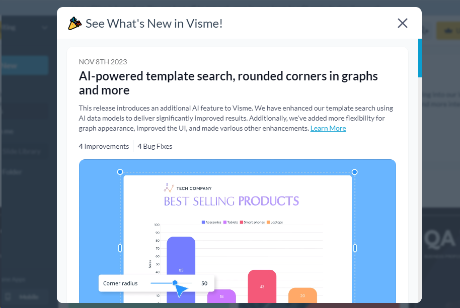 Visme's new feature modal