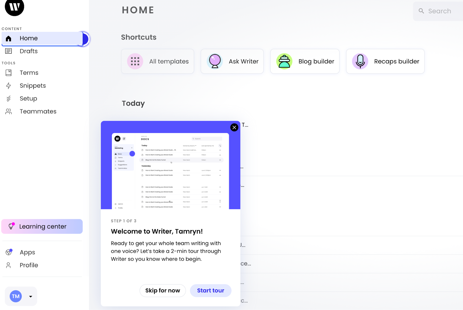 Writer dashboard showcasing interactive tours