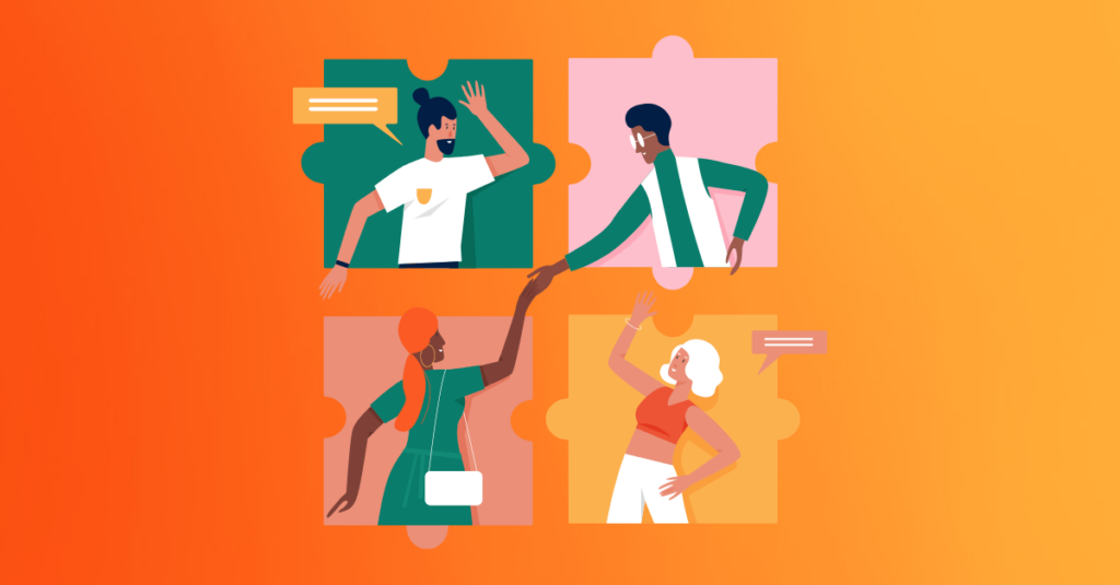 Orange background and four cartoon in puzzles pieces giving feedbakc to one another