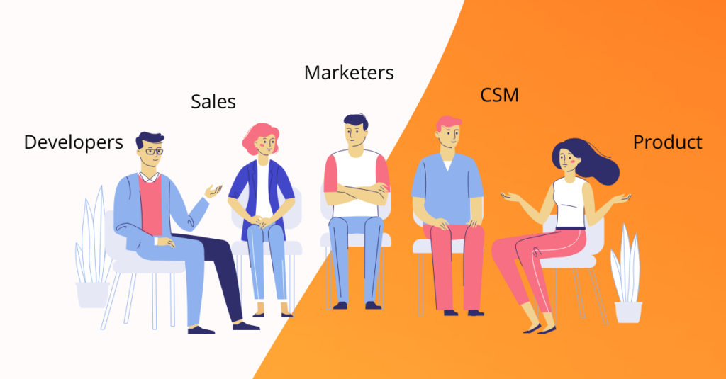 Cartoons sitting around each other talking and their department titles and split orange and white background