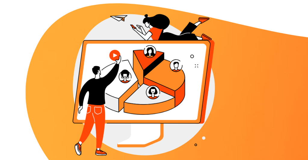 orange background and cartoon on computer screen segmenting users