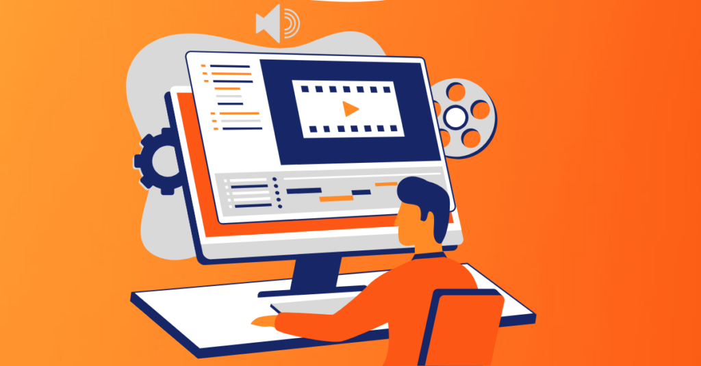 Cartoon on computer with media and orange background