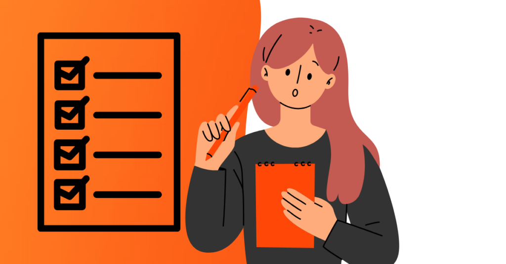 cartoon with test checklist and looking at shee with orange background