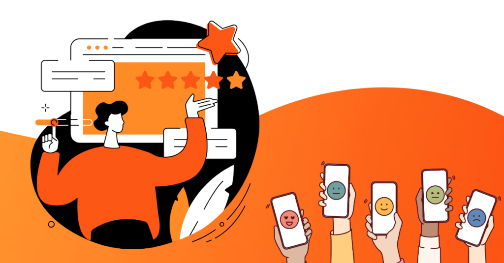 cartoon hands with phone reviews