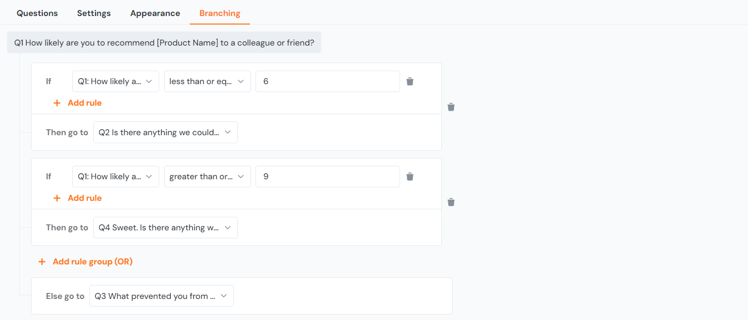 ProductFruits NPS survey branching dashboard