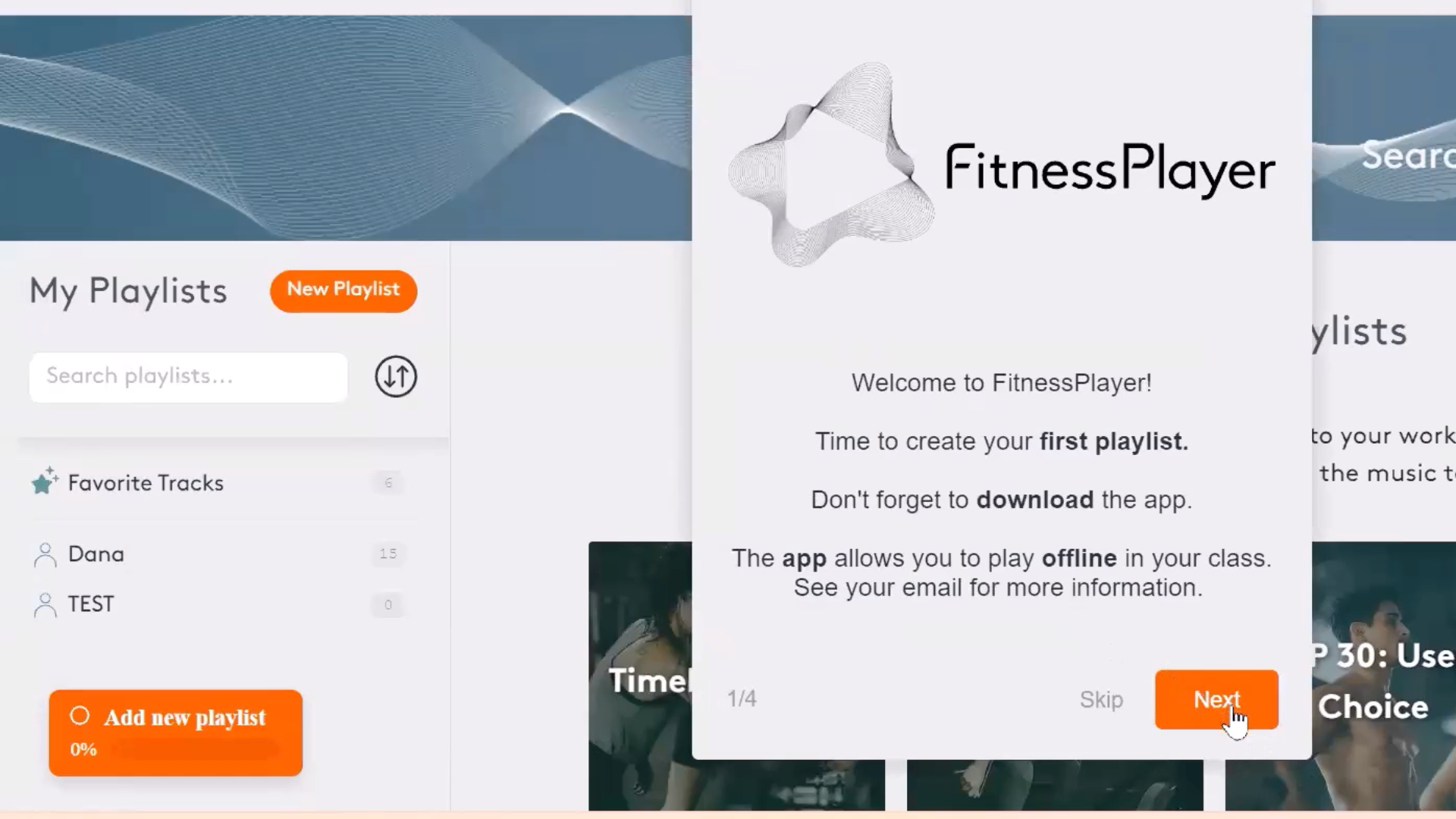 Welcome tour in FitnessPlayer app