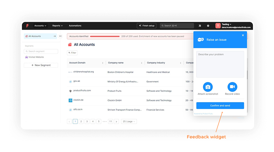 Feedback widget in Factors.ai app