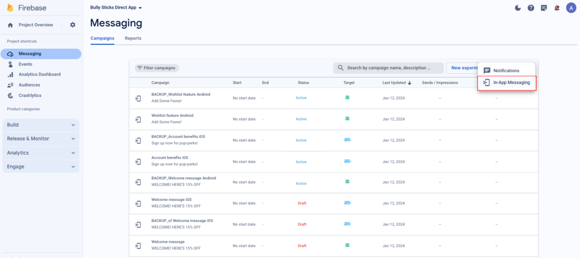 ina app messaging Firebase