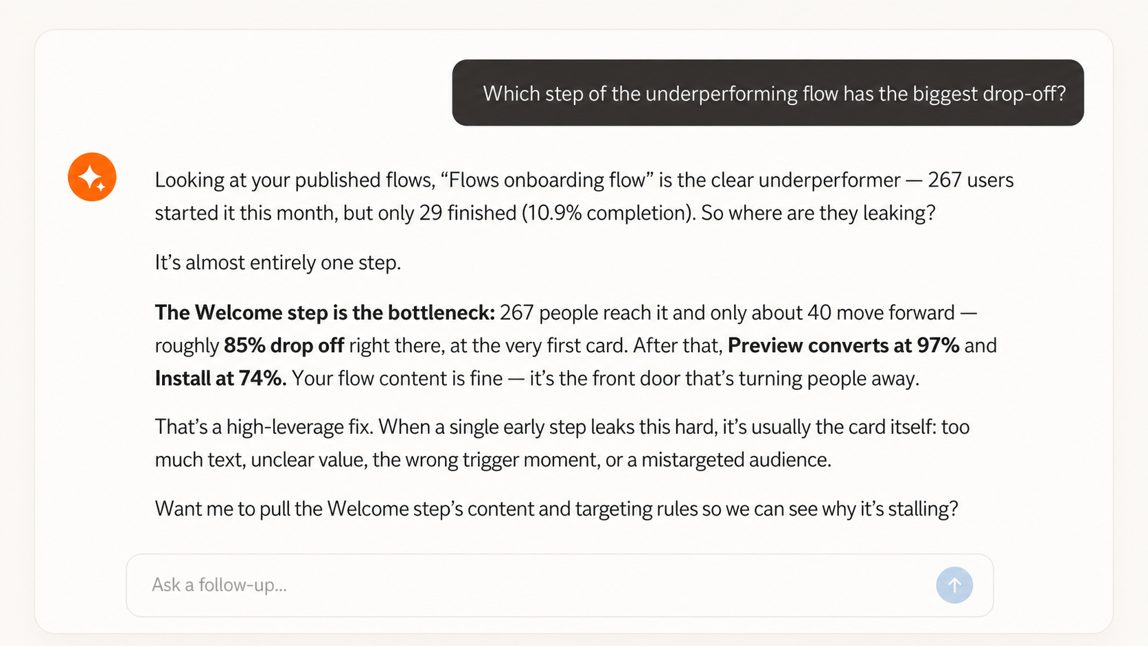 Product Fruits MCP answering in ChatGPT which onboarding flow step has the biggest drop-off — the Welcome step, about 85% drop at the first card.