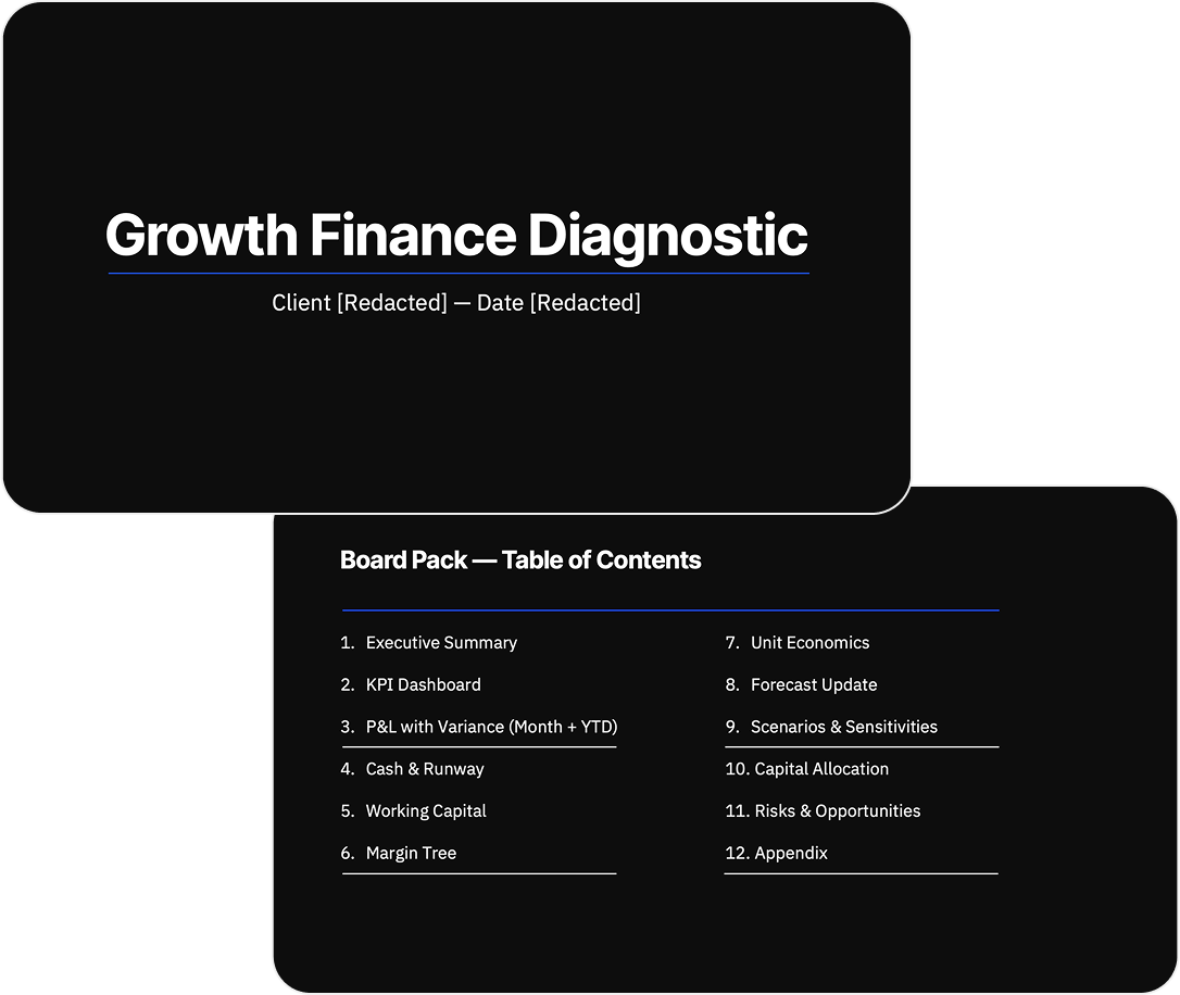 Sample Growth Finance Diagnostic and Board Pack overview illustrating Infraxus financial reporting system