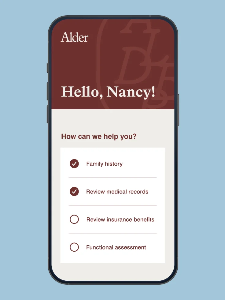 Nancy's care dashboard showing completed Family History and Medical Records, with Insurance and Assessment sections pending.