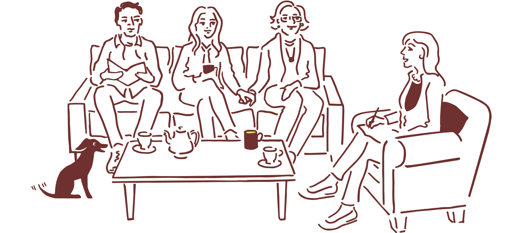 Four older adults socializing around a coffee table with a dog nearby, representing community and companionship in aging.