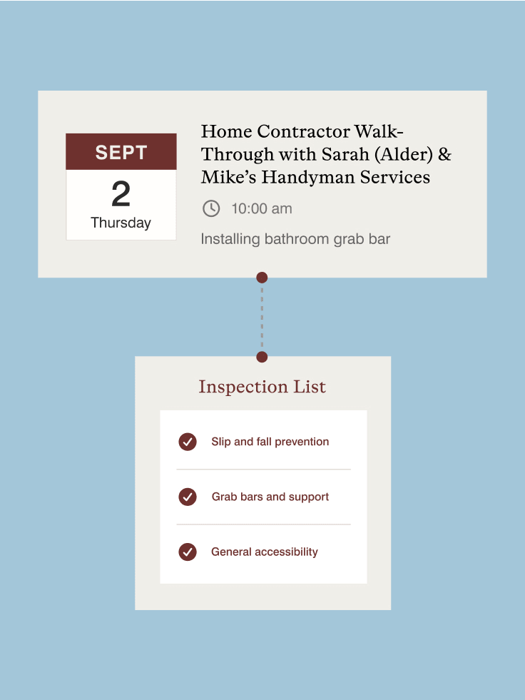 Bathroom grab bar installation walkthrough scheduled Sept 2, 10:00 am with fall prevention inspection checklist.
